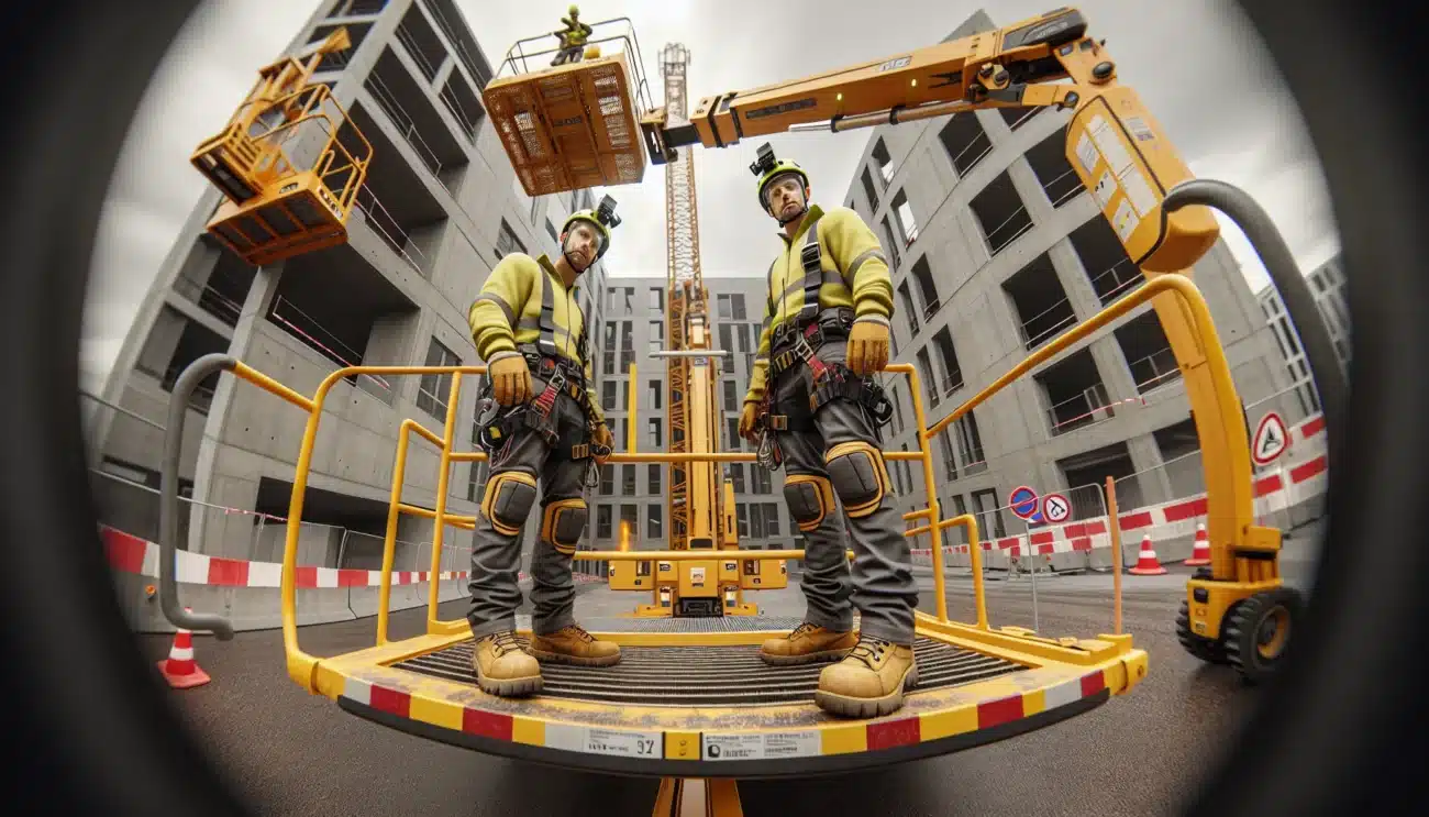 Arbeidere i lift handterer uforutsett driftsstans trygt pa norsk byggeplass