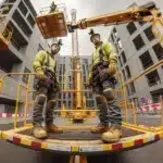 Arbeidere i lift handterer uforutsett driftsstans trygt pa norsk byggeplass