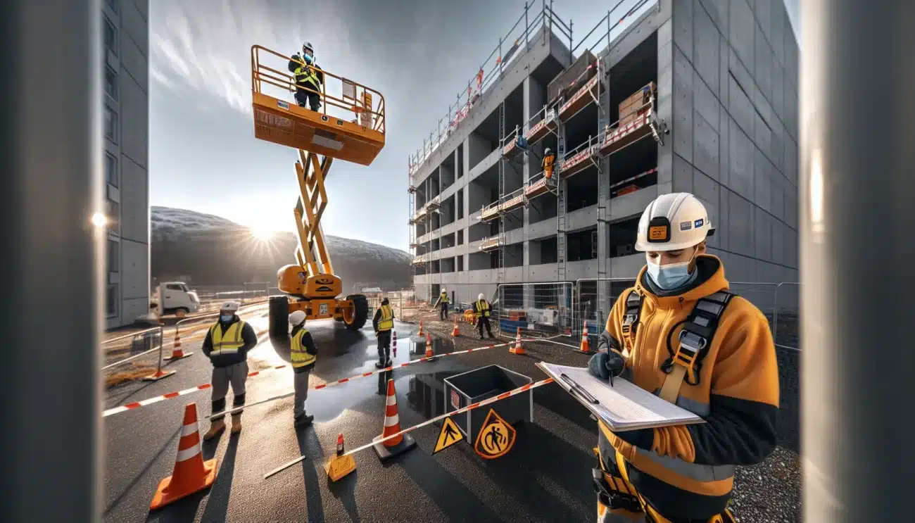 Construction worker in boom lift wearing full safety gear on norwegian building site
