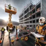 Construction worker in boom lift wearing full safety gear on norwegian building site