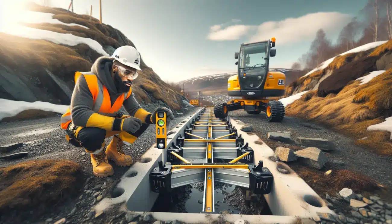 Construction worker leveling spiderlift outriggers on uneven norwegian gravel with safety barriers