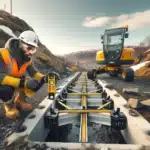 Construction worker leveling spiderlift outriggers on uneven norwegian gravel with safety barriers