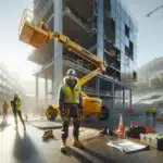 Construction workers safely using boom and scissor lifts on a norwegian building site