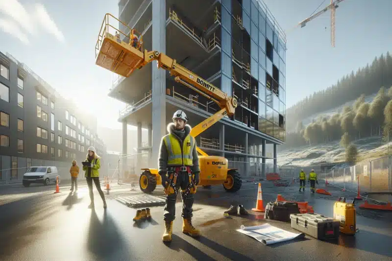 Construction workers safely using boom and scissor lifts on a norwegian building site