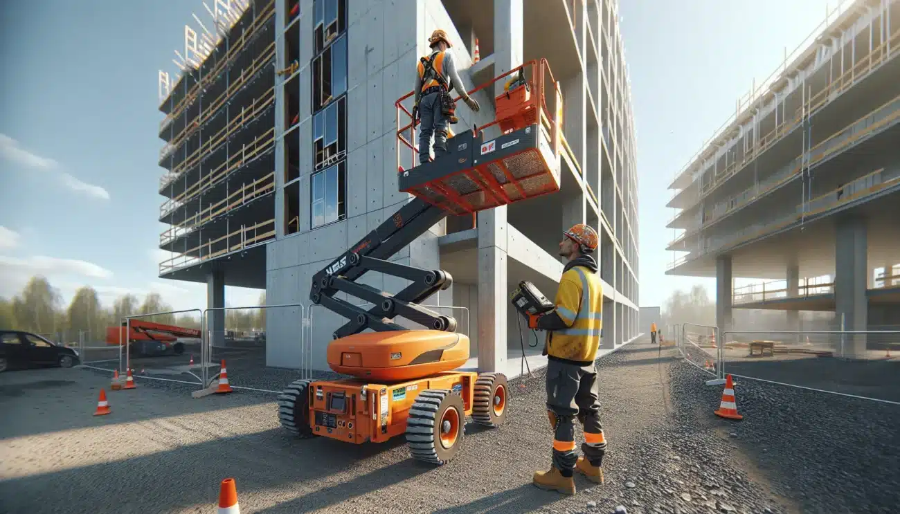 Construction workers using a boom lift safely on a norwegian building facade