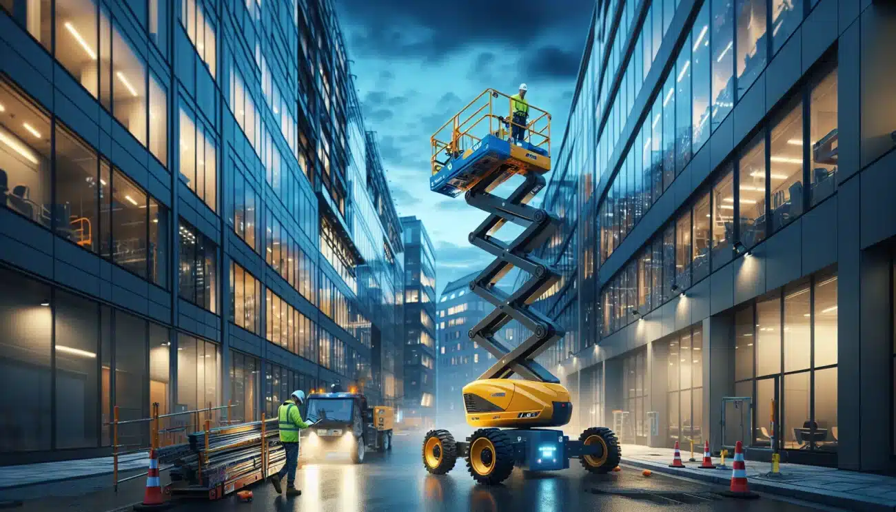 Electric boom lift on a norwegian city construction site with digital controls