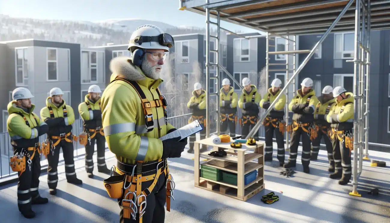 Norwegian construction workers receiving scaffold and fall protection training at a building site