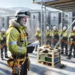 Norwegian construction workers receiving scaffold and fall protection training at a building site