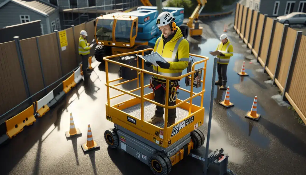 Norwegian workers checking certification and safety before using a boom lift on site