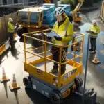 Norwegian workers checking certification and safety before using a boom lift on site