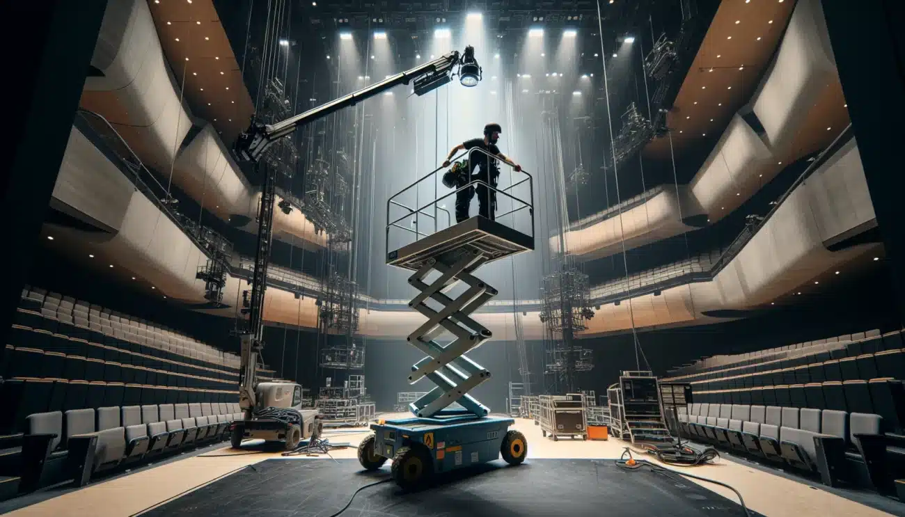 Stage technicians using different lifts to rig lights and scenography in a norwegian theatre