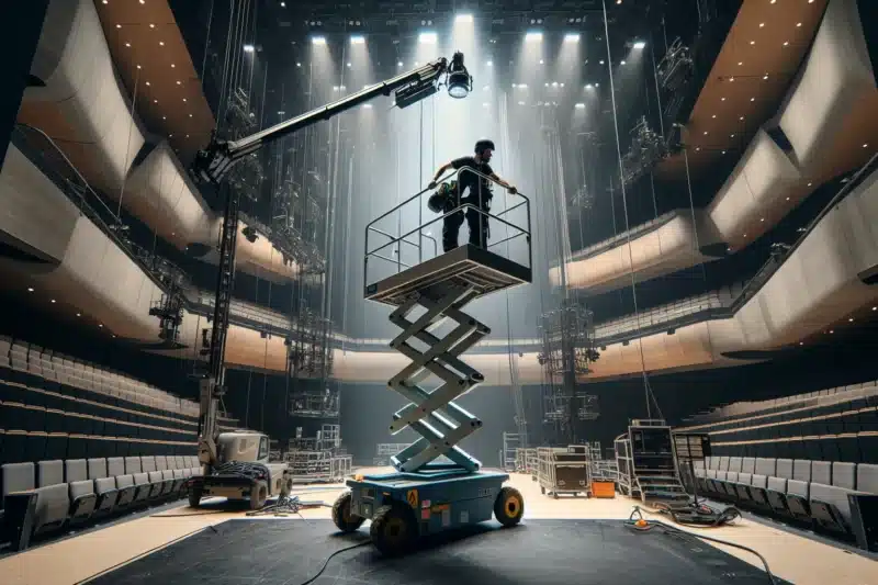 Stage technicians using different lifts to rig lights and scenography in a norwegian theatre