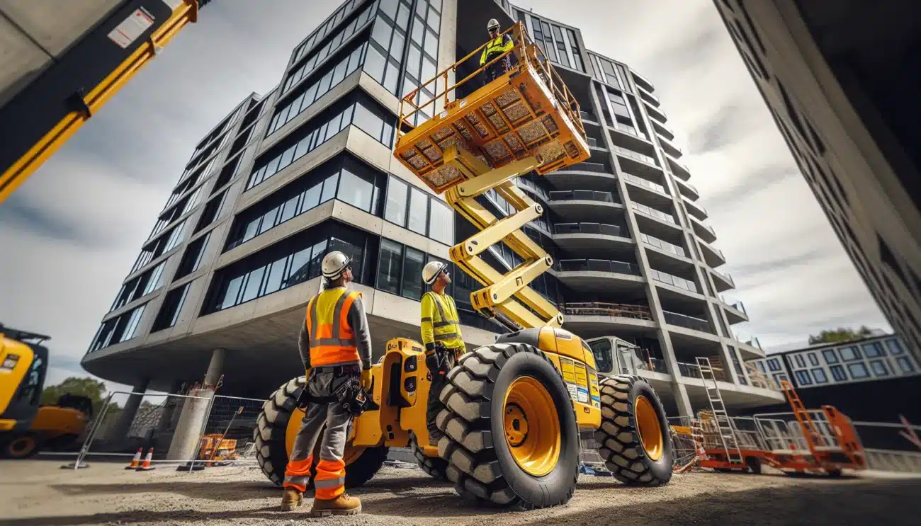 Straight boom lift fully extended on norwegian construction site with workers planning reach