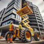 Straight boom lift fully extended on norwegian construction site with workers planning reach