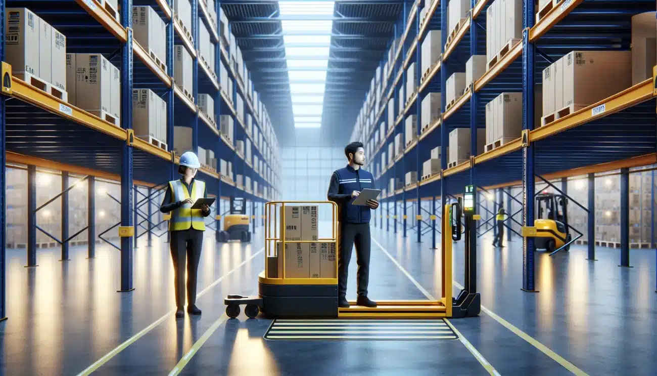 Two warehouse workers using a scissor lift to pick boxes safely from high racks
