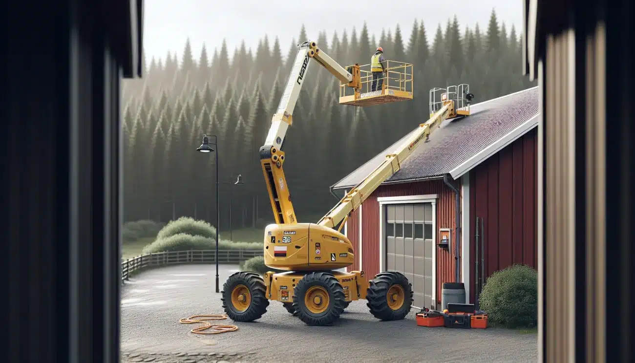 Worker in a boom lift repairing a norwegian barn beside forest edge