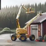 Worker in a boom lift repairing a norwegian barn beside forest edge