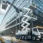 Workers using different lifts on a tall norwegian office building with safety barriers