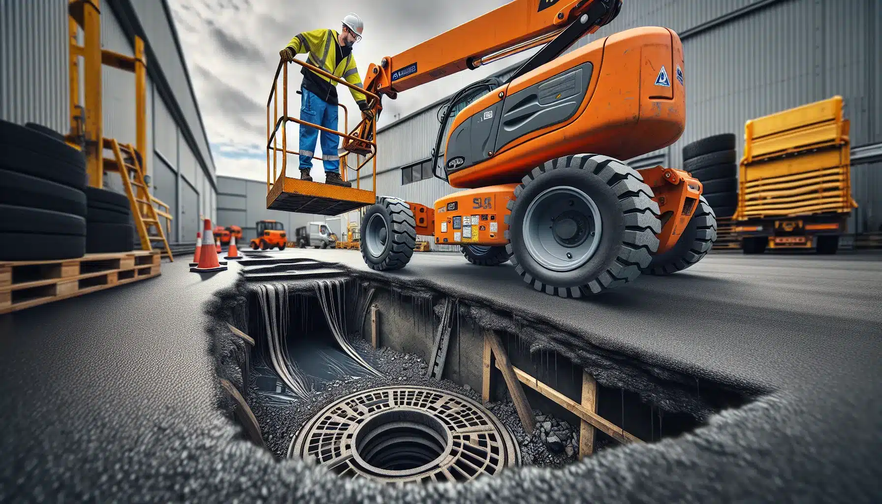 Hvordan sikre stabilitet ved bruk av lifter på ujevne overflater 2 Boom lift on uneven, icy norwegian yard, operator assessing unstable ground conditions.