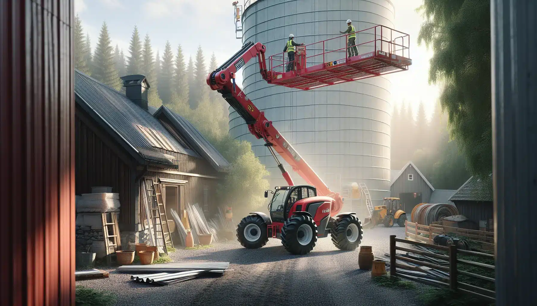 Various lifts working on a norwegian farm and forest edge in daylight.