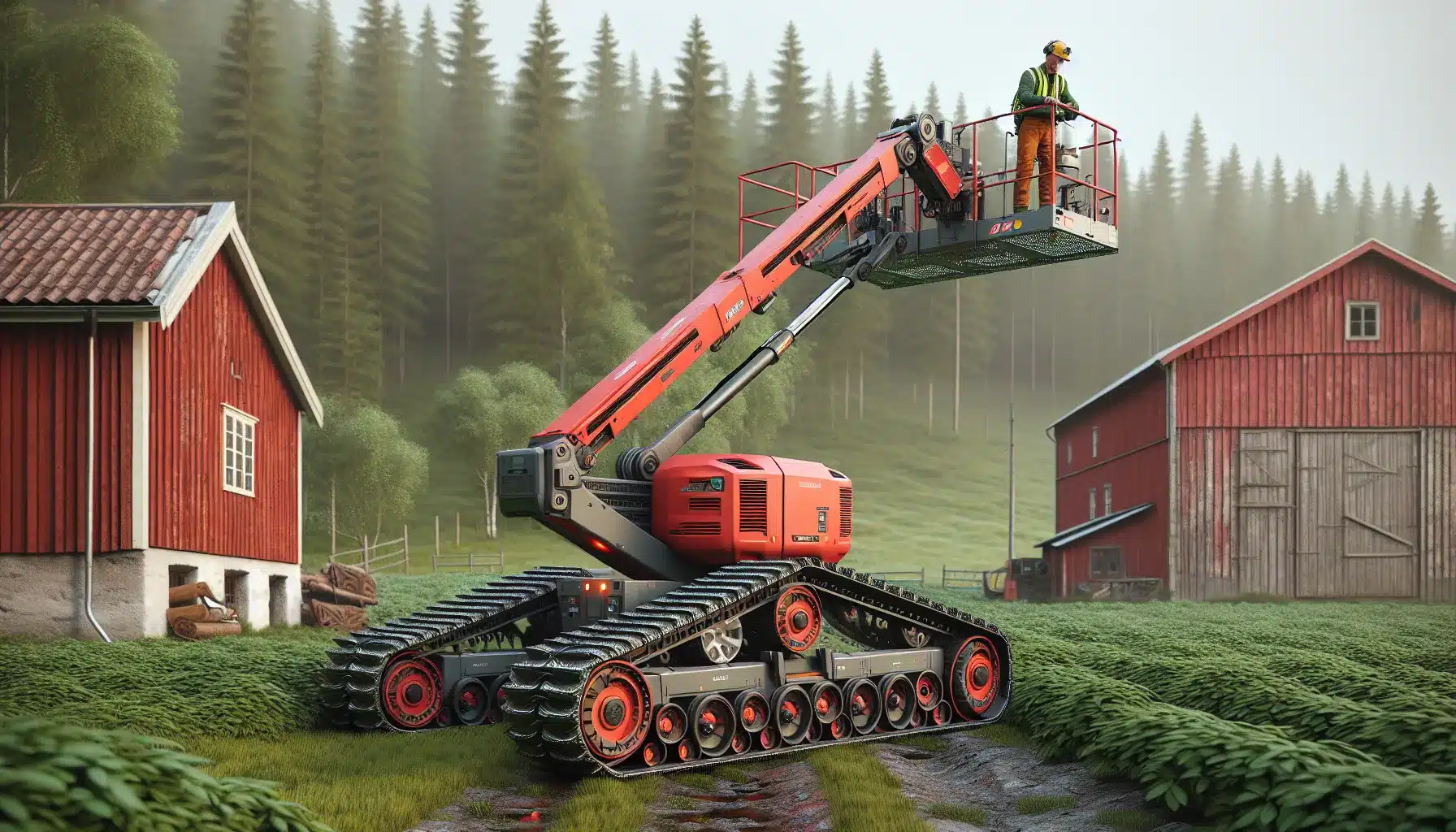 Norwegian farm worker using a boom lift safely beside a barn and forest edge.