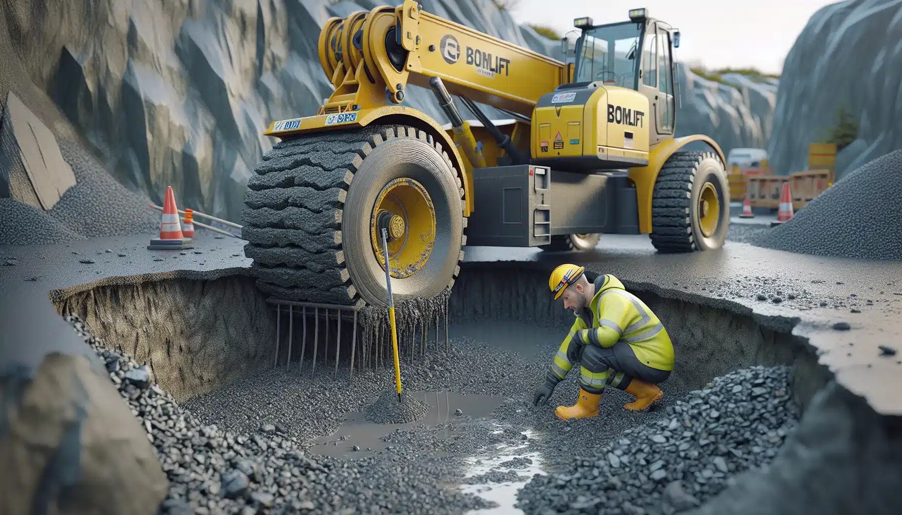 Hvordan sikre stabilitet ved bruk av lifter på ujevne overflater 3 Construction worker inspecting unstable ground under a boom lift wheel on site.