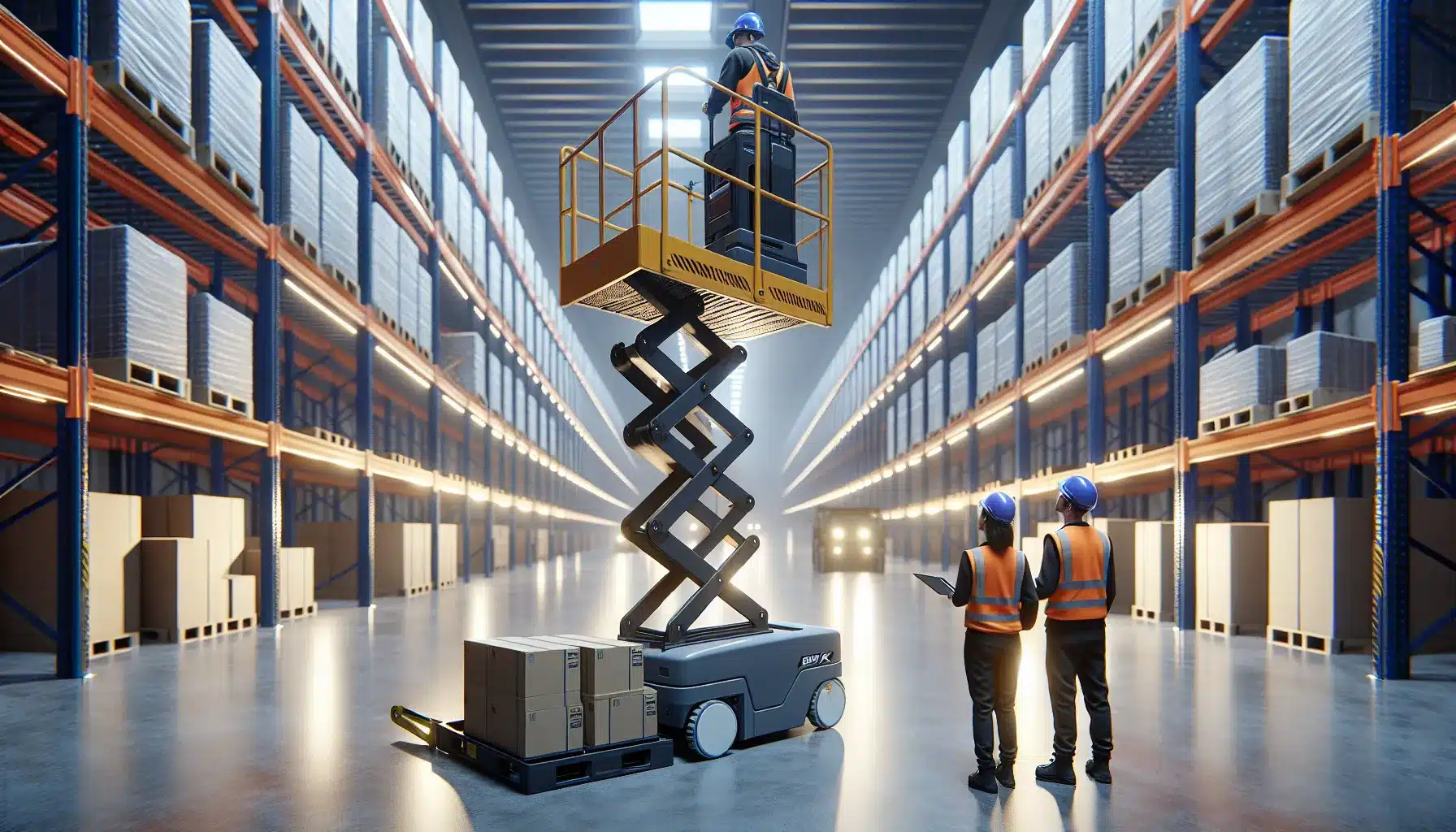 Two workers use an electric scissor lift to reach high warehouse shelves safely.