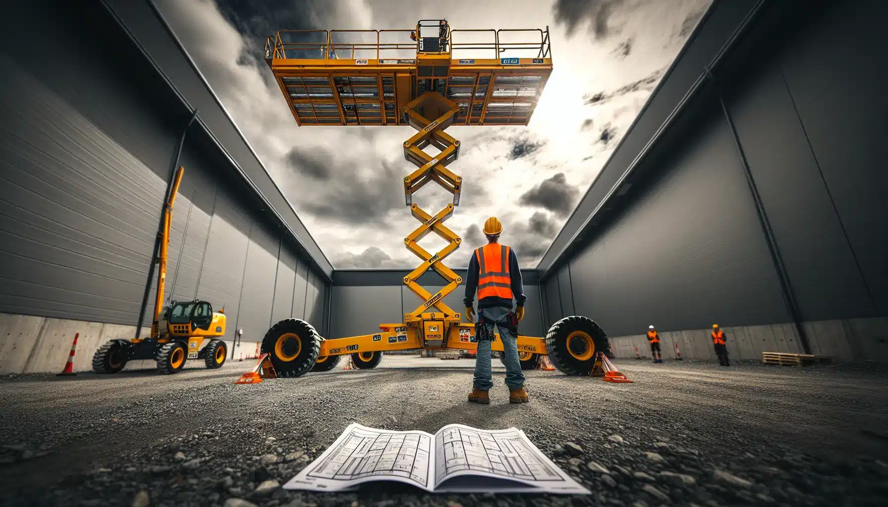 Straight boom lift fully extended on norwegian construction site, showing maximum reach in use.